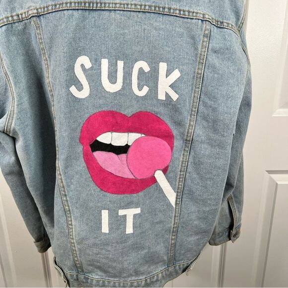 Sz XL John Galt Upcycled Hand Painted Graphic “Just Suck it” Lip Denim Jacket - Picture 11 of 14